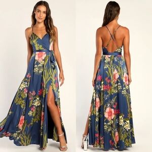 Lulus Still the One Blue Floral Print Satin Maxi Dress Wedding Party Formal